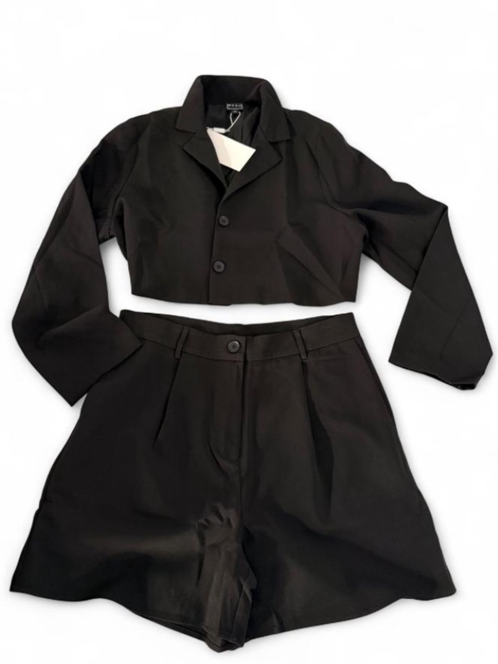 Cropped Black Button-Up Blazer & High-Waist Shorts Set NWT Size Large Two Piece